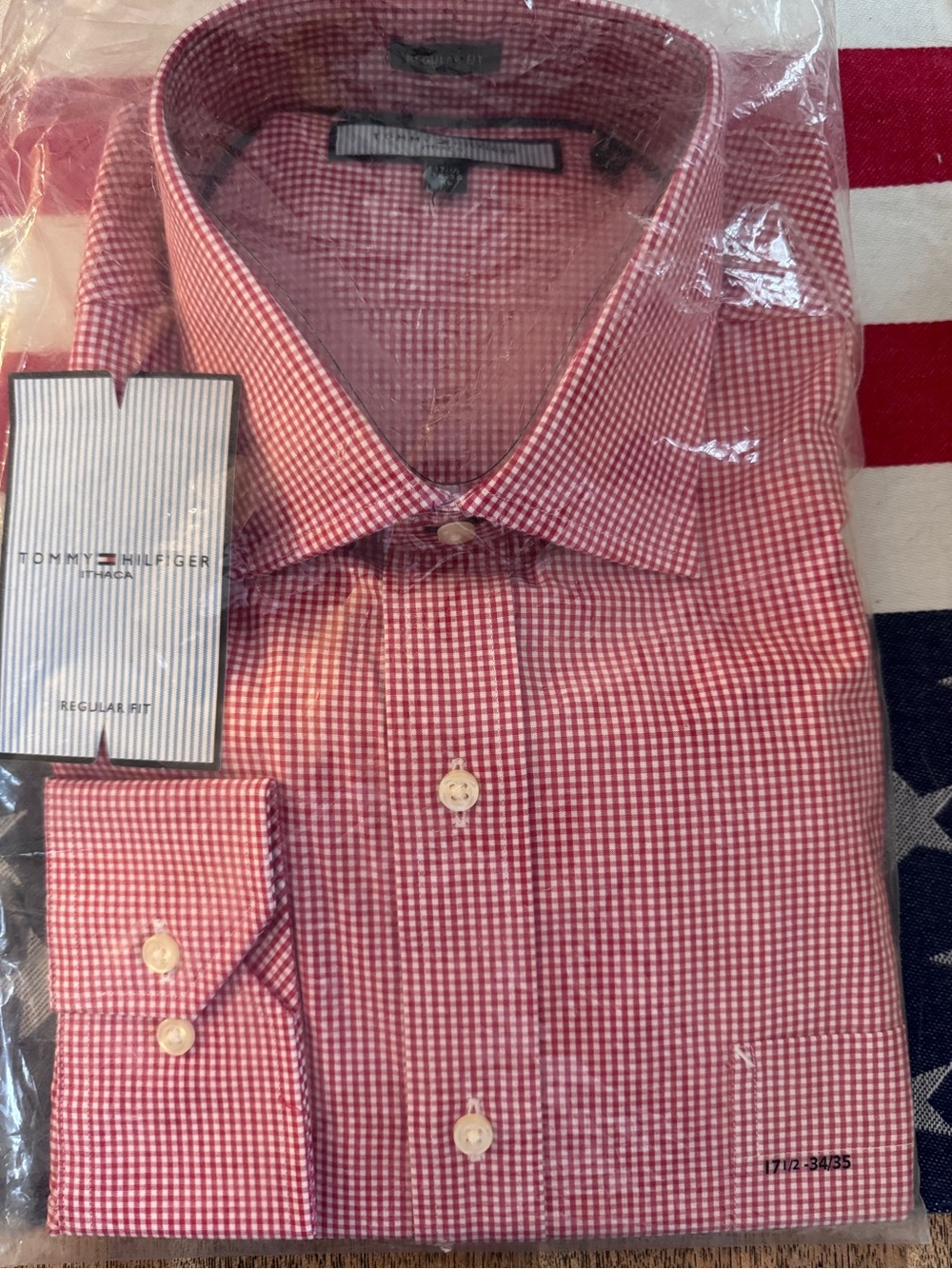 Tommy Hilfiger red/white mini check button down dress shirt. 17.5 34/35. NWT